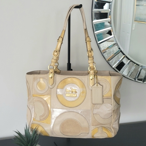 Coach Beige and Yellow Leather/Suede Tote - Picture 11 of 13